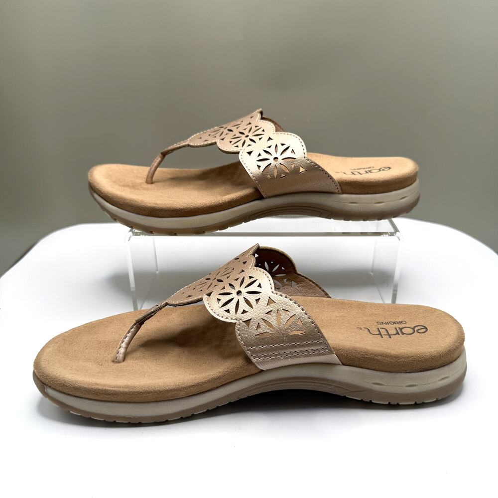 Earth Origins Beige Leather Floral Cut-Out Thong Slip On Sandals Comfort US 10M - Picture 6 of 11